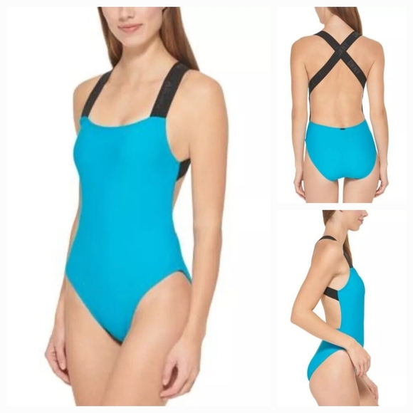 DKNY Women's Logo Cross Back One-Piece Swimsuit Turqouise Size Large NEW - Picture 1 of 9